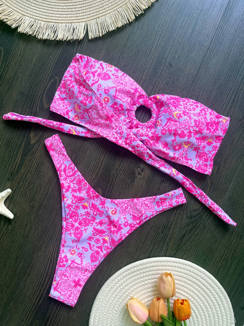 Colorful Floral Printed Bandeau Bikini